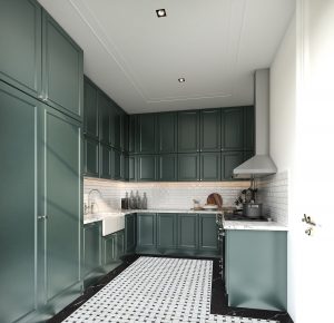 A modern kitchen with cabinetry painted slate gray.