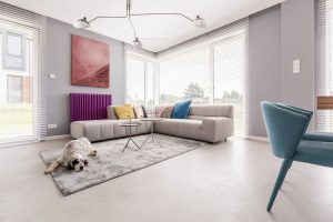 A dog lays on the rug in a tastefully appointed living room with gray walls.